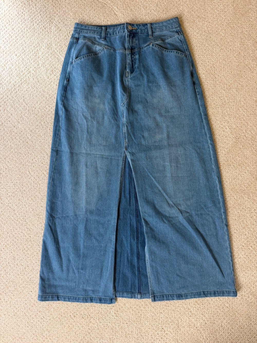 HALARA Medium Blue Denim Maxi Skirt with Front Slit